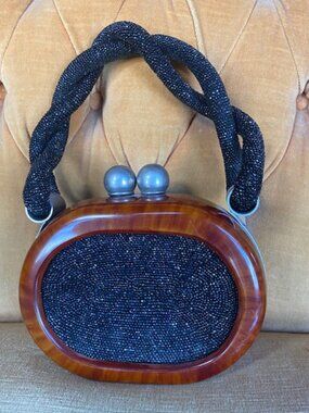 1940's Bakelite and black beaded handbag twisted strap ball kiss lock - mint
